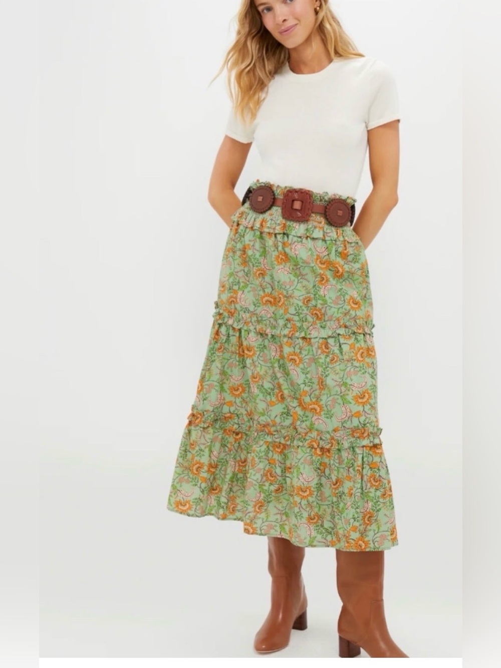 Tuckernuck Hyacinth House Mint & Orange Floral Smocked Odette Midi Skirt XS